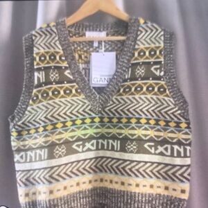 Ganni Knit Vest with Yellow and Gray Patterns